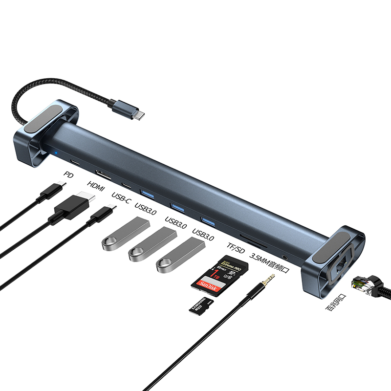 USB C Hub Multiport Adapter 10 in 1 Portable Dongle 4K HDTV PD 100W USB 3.0 Gigabit Ethernet RJ45 Docking Station Laptop Stand