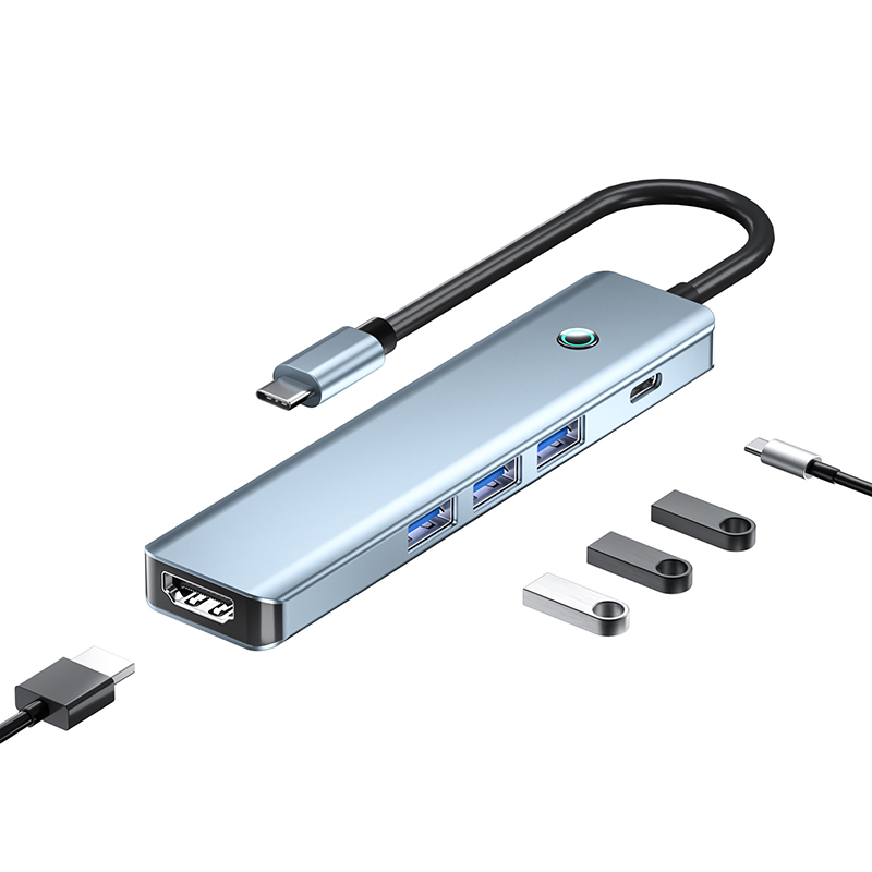 6 in 1 USB 3.0 Hub TYPE C HDMI 4K 30Hz 5Gbps 100W PD Fast Charging Docking Station USB C HUB with One Click to Turn Off the Screen